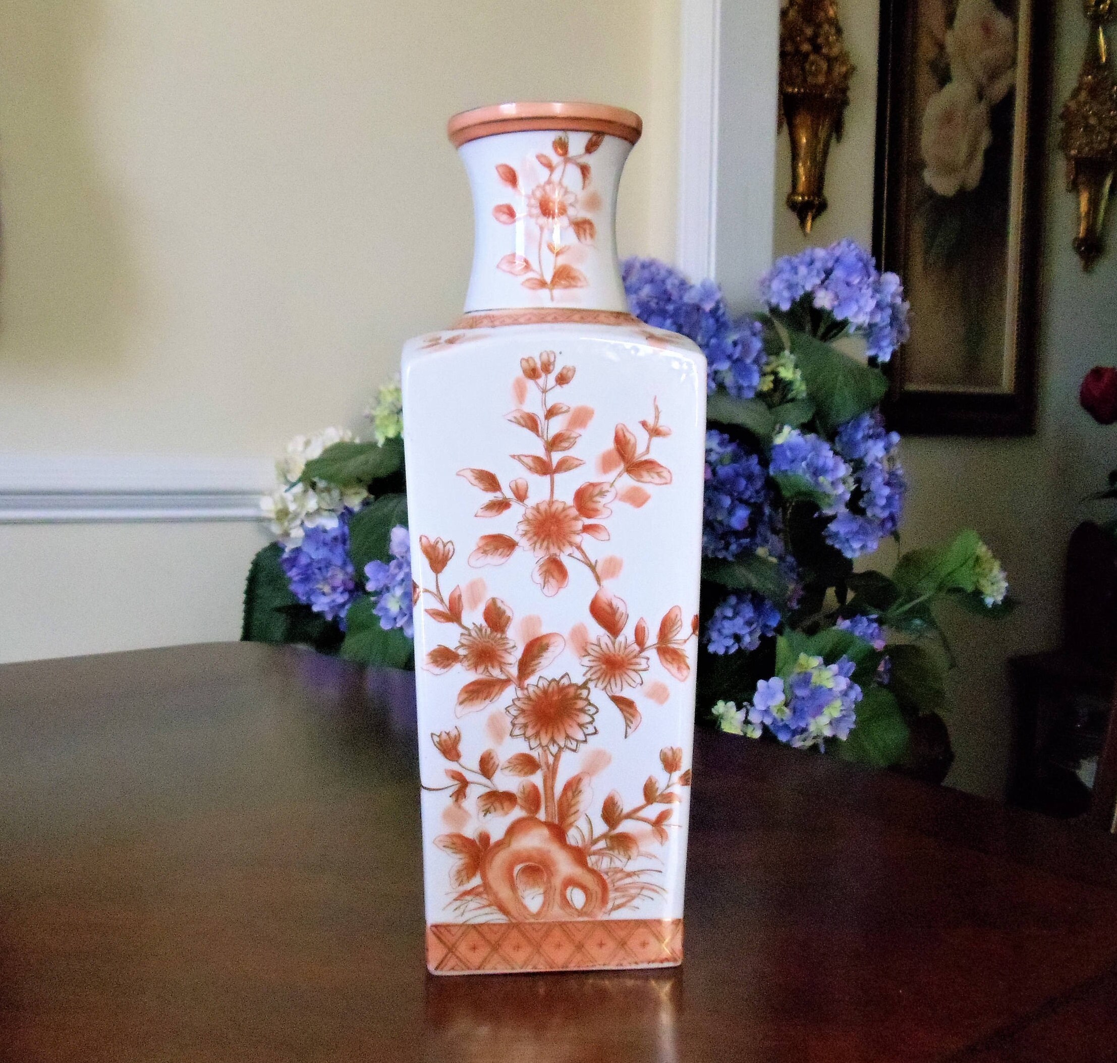 Vintage Norleans Japan Floral Vase, Hand Painted Orange Flowers