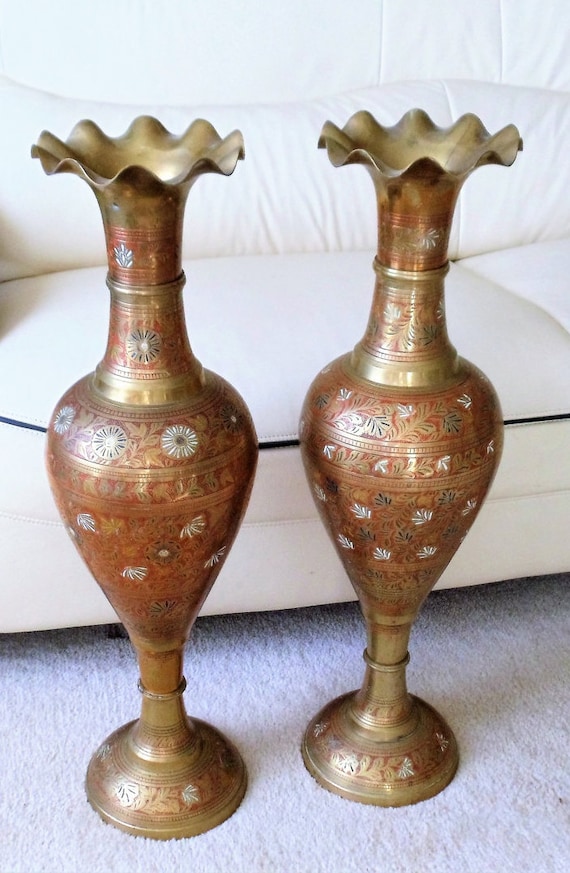 Vintage Pair of Ornate Giant Brass Floor Vases Set of 2 Tall Ruffled Edge Red White & Black Etched Floral Design Made In India Brass Vases il 570xN 3oyh
