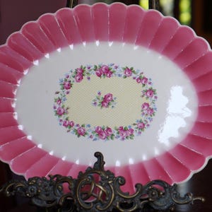Oval Serving Platter, Vintage Mid Century Corinthian by Sebring USA Chateau Minuet Pink Floral Platter with Cabbage Roses & Wavy Fluted Rim