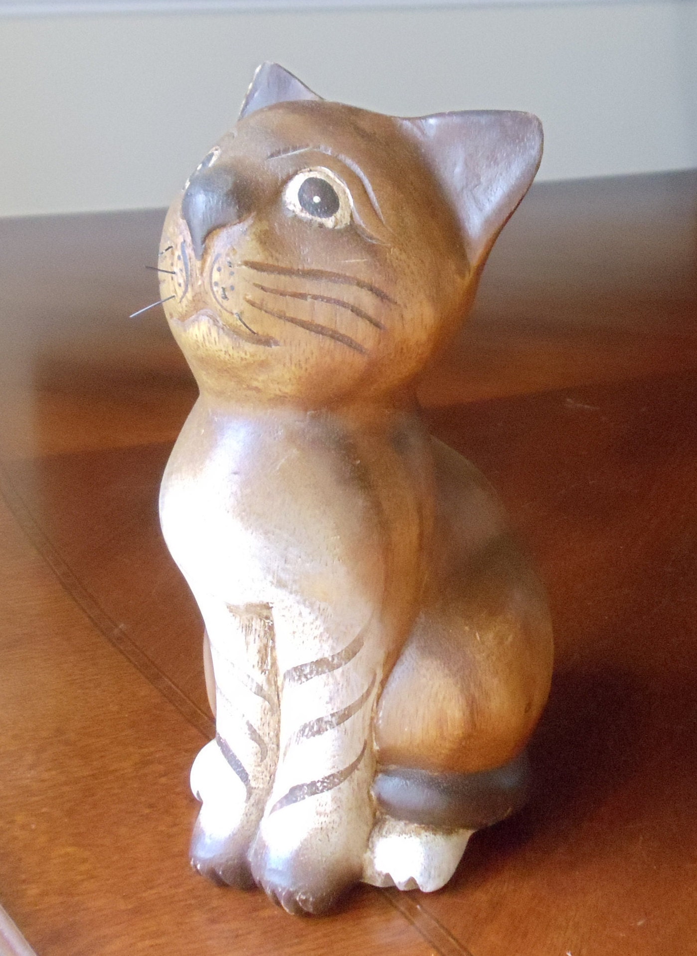 Wood Cat Sculpture Adorable Vintage Hand Carved Wooden Etsy