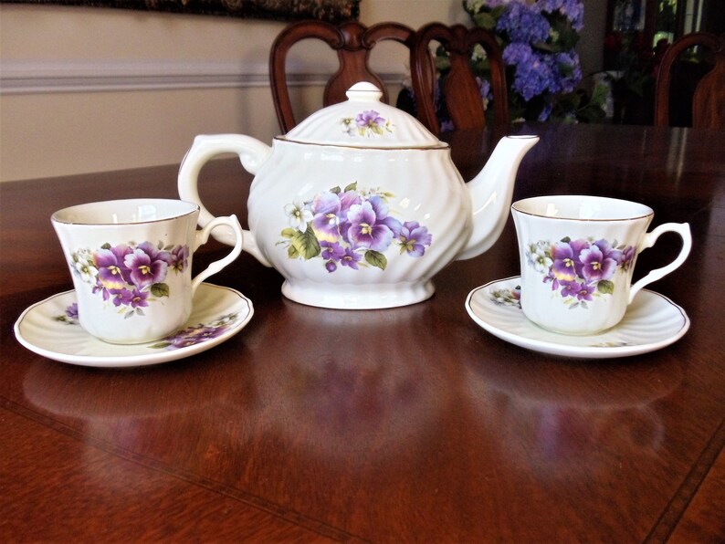 Vintage Pansy Flowers 2 Person Tea Set Purple Pansies Green Etsy