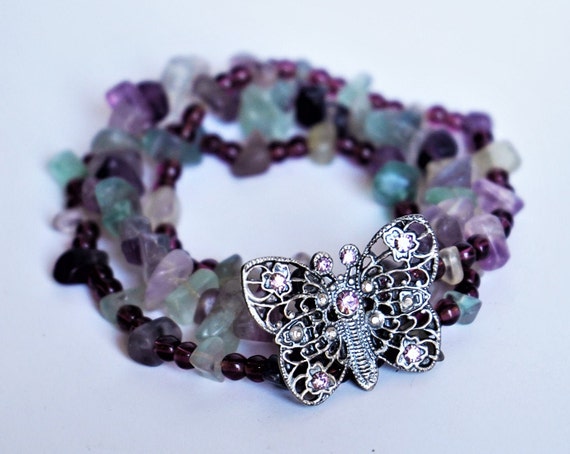 Butterfly Gemstones Bracelet, Vintage Multi Strand