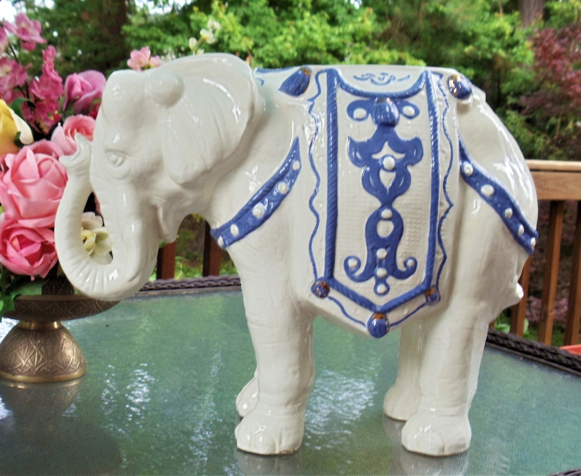Large Ceramic Elephant Statue Vintage White & Blue Elephant Etsy