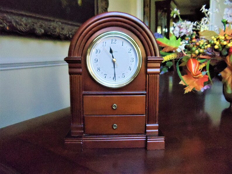 Clock Jewelry Box, Vintage Bulova Quartz Mantel Mahogany Wood Clock
