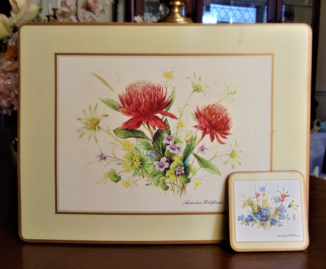 Pimpernel England Floral Placemats & Coasters Set, Vintage Colorful Australian Wildflowers Cream