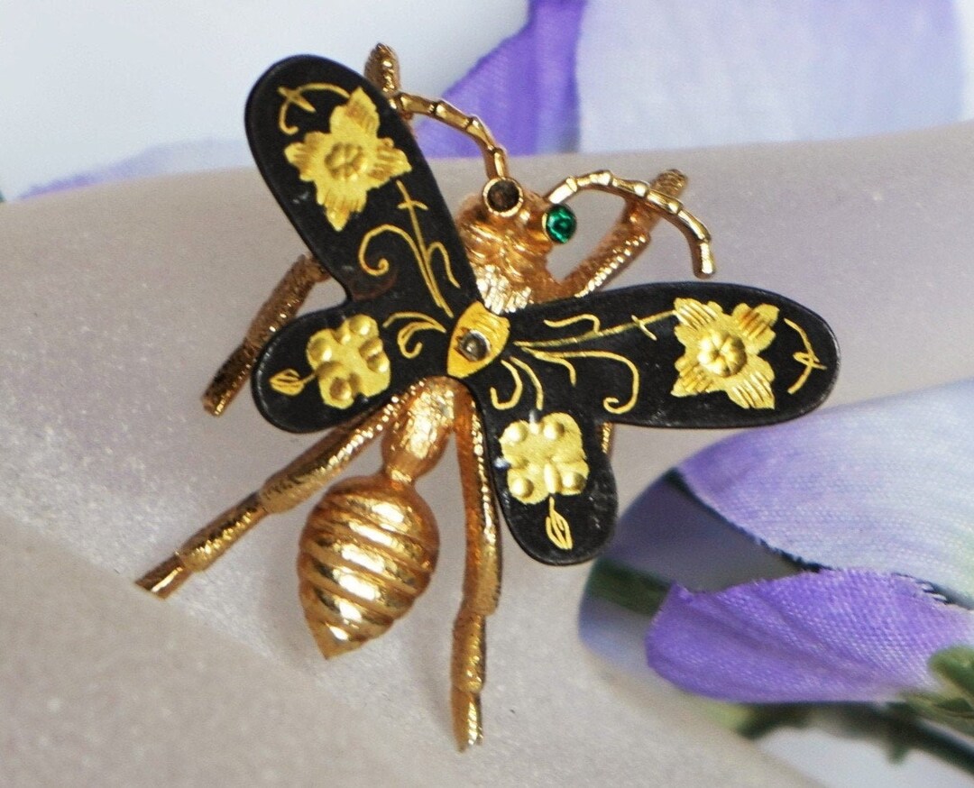 Damascene Fly Brooch, Vintage Mid Century Inlay Gold Flowers Wings ...