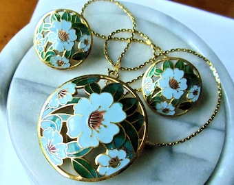 Vintage Enamel Floral Pendant Necklace and Earrings Set, Gold Tone