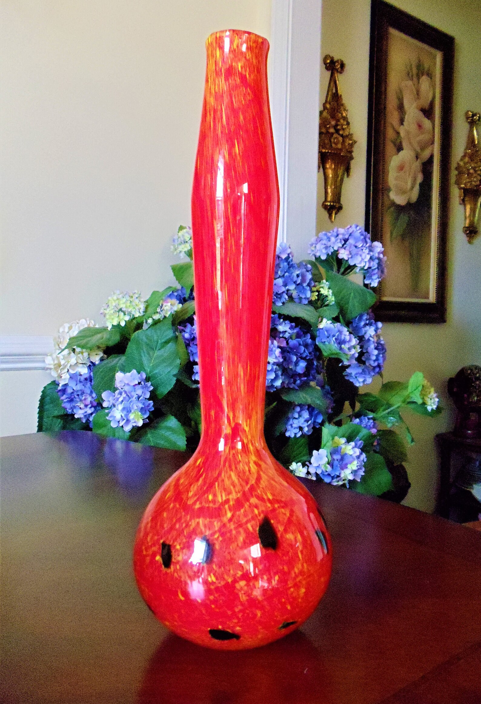 Art Glass Red Vase Vintage Large Tall Fire Red with Gold Etsy