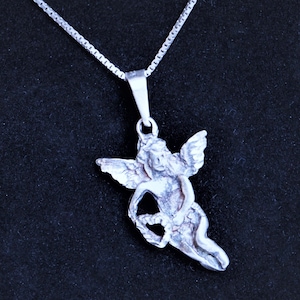 Vintage Sterling Silver Angel Pendant Necklace: Mid Century Guardian Angel
