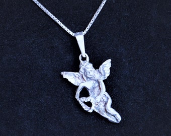 Vintage Sterling Silver Angel Pendant Necklace: Mid Century Guardian Angel
