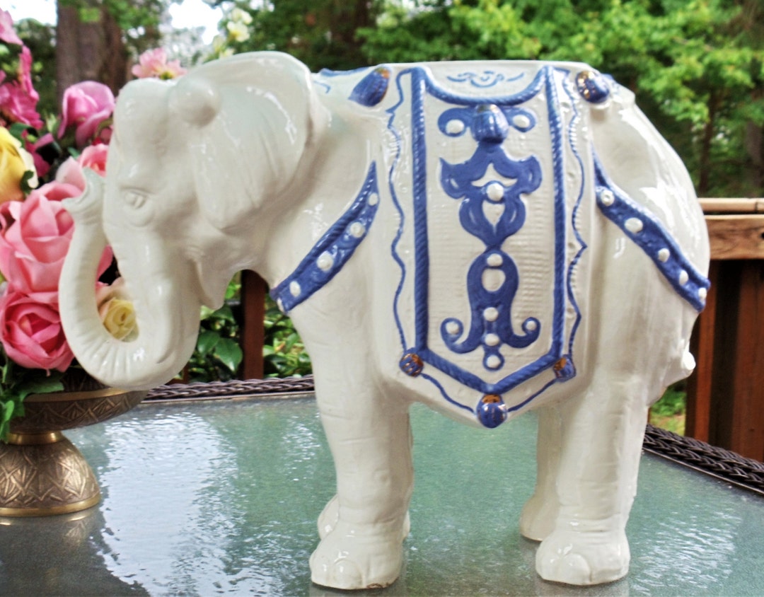 Large Ceramic Elephant Statue Vintage White & Blue Elephant Etsy