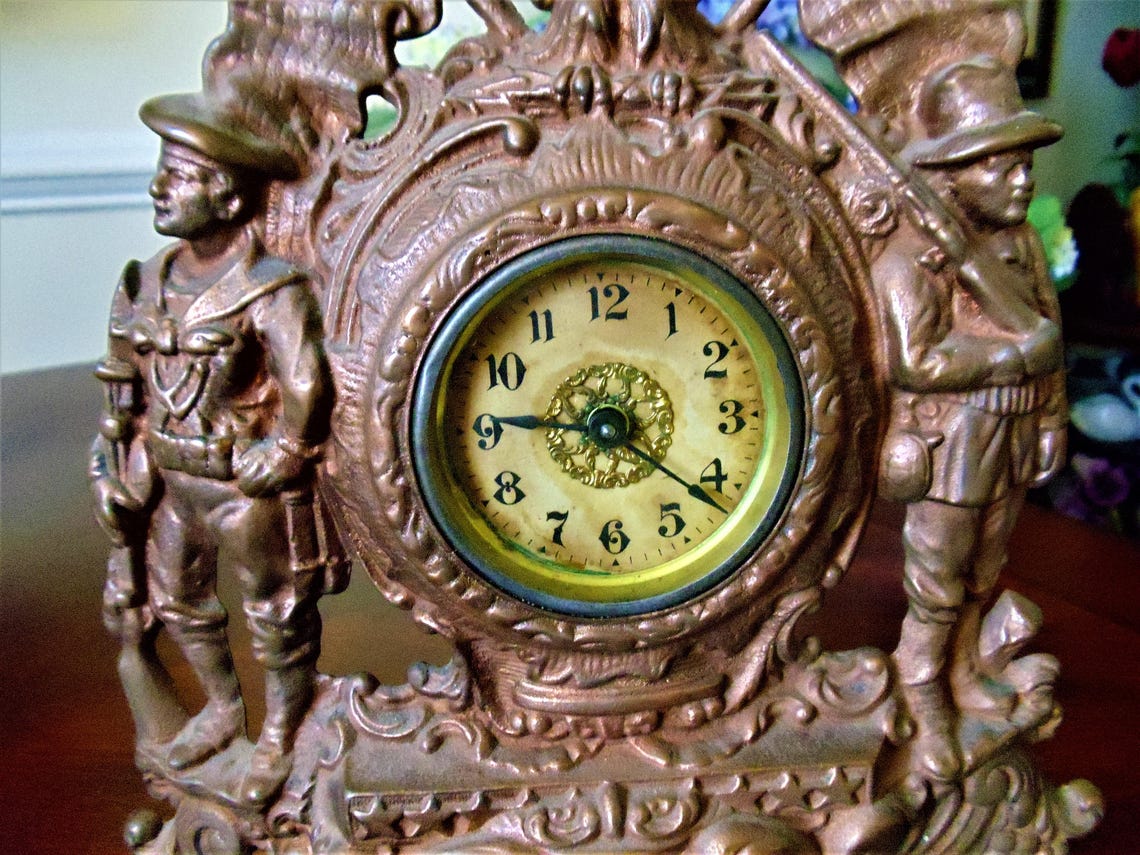 Antique 1904 Copper Mantel Clock Eagle & Two Soldiers Etsy
