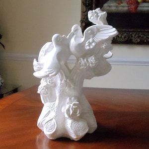 Doves Large Figurine, Vintage Extra Large Collectible White Doves Resin Composition, Love Doves Birds Perched on Branch with Flowers Statue
