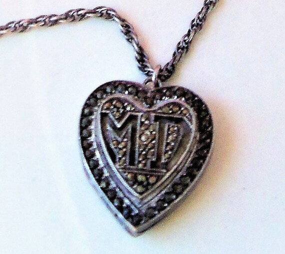 Kimler & Daniels Marcasite 925 Sterling Heart Locket Necklace, Vintage Collectible Art Deco Monogrammed Initials MD Locket Pendant Necklace View 5