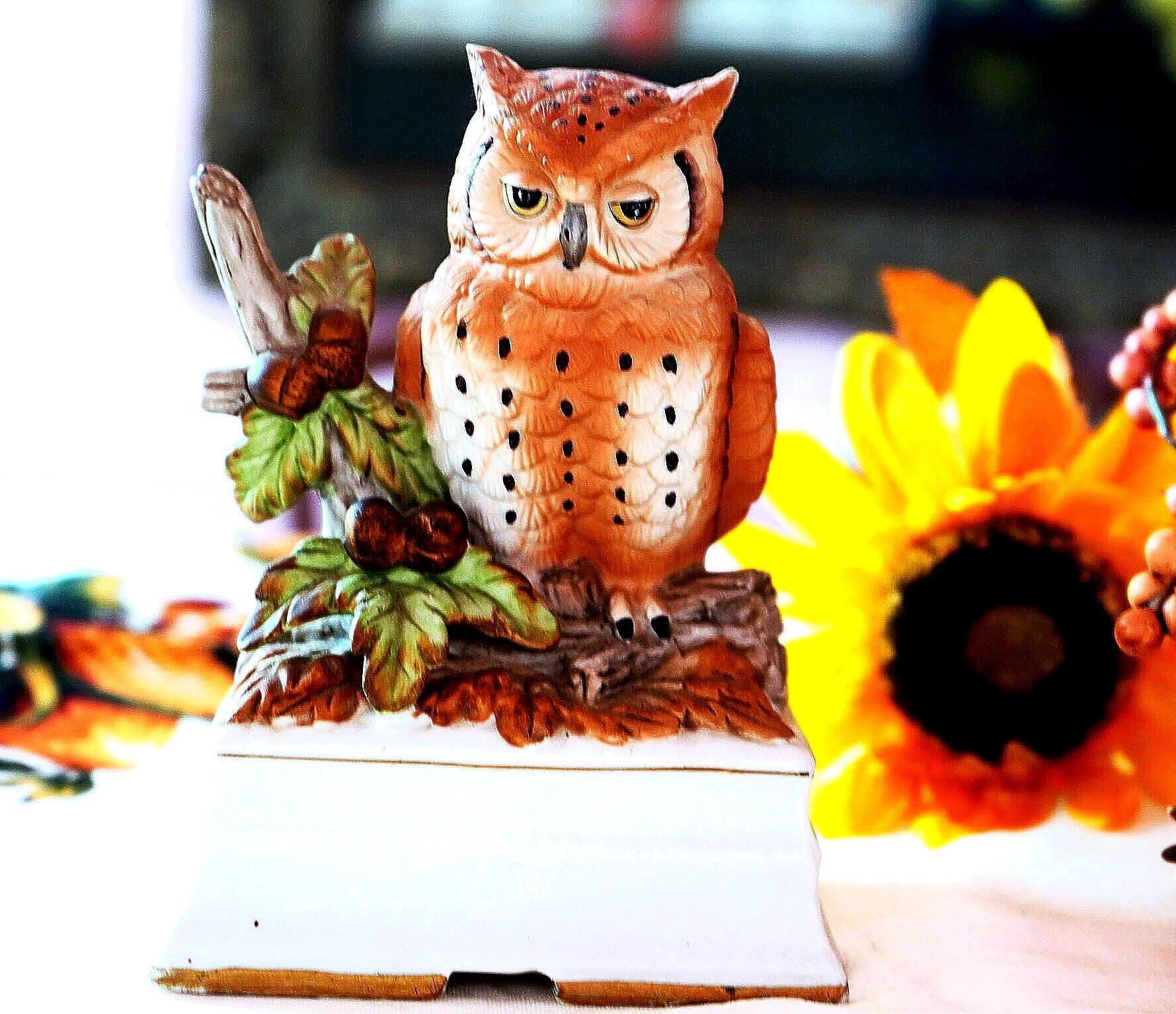 Vintage Owl Figurine, Mid Century Hand Painted Ceramic Owl on the Oak Branch Pedestal Figure, Shades