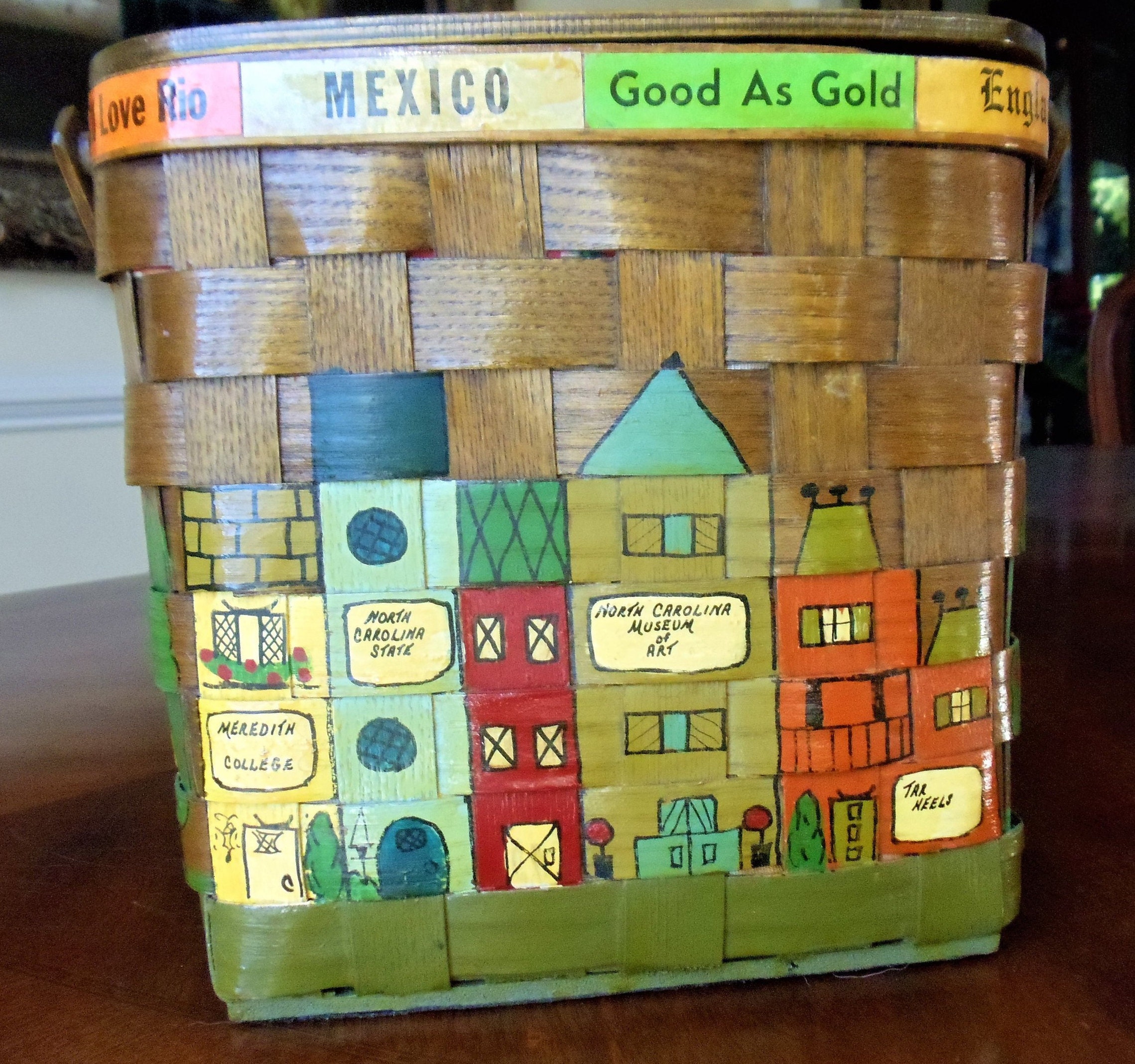 Vintage Caro Nan Woven Basket Purse: Hand-painted Street Scenes