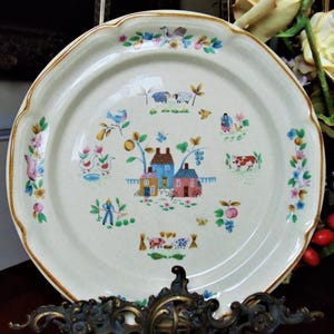 Vintage Stoneware Dinner Plates (Set of 4): Heartland Farm Scene Decor