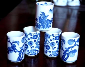 Vintage Japanese Porcelain Tea Set Blue, Turquoise Floral Saki Tea