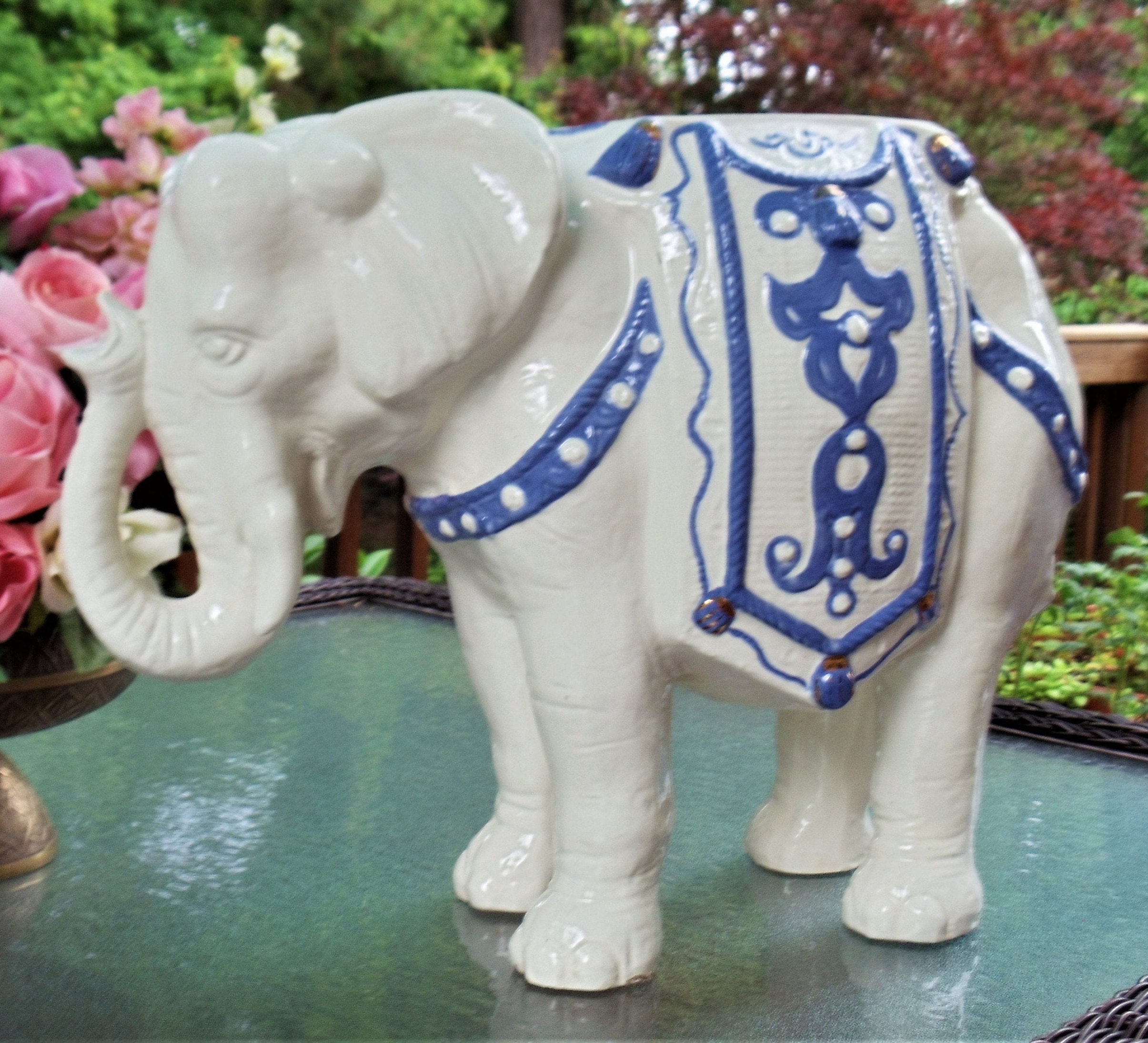 Large Ceramic Elephant Statue Vintage White & Blue Elephant Etsy