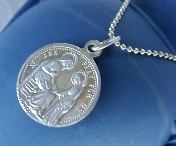 Vintage St. Ann Sterling Silver Medal Pendant Necklace, French Catholic Jewelry