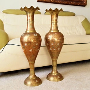Vintage Etched Brass Floor Vases - Ornate Floral Design, Made in India (Set of 2)