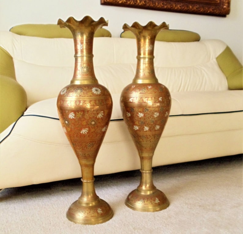 Vintage Pair Of Ornate Giant Brass Floor Vases Set Of 2 Tall Etsy
