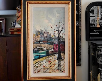 Vintage Paris Street Scene Oil Painting, Mid-Century Brutalist Framed Art