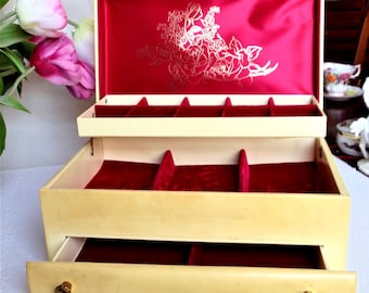 Vintage Lady Buxton Jewelry Box, Faux Leather Floral Exterior, Red Velvet Interior