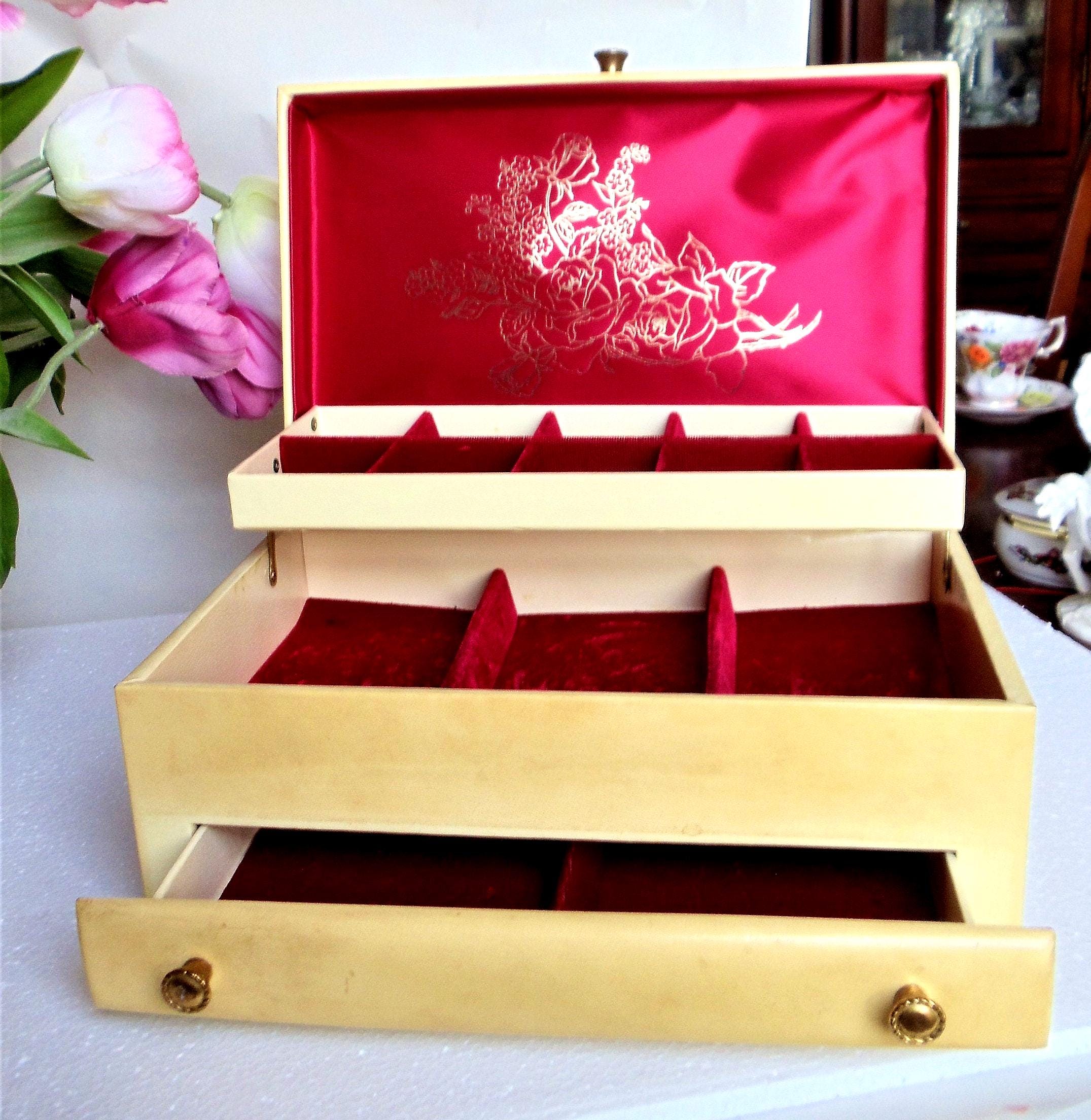 Vintage Lady Buxton Jewelry Box, Faux Leather Floral Exterior, Red