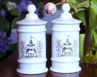 French Circus Porcelain Jars, Black & White Kitchen Canister Set