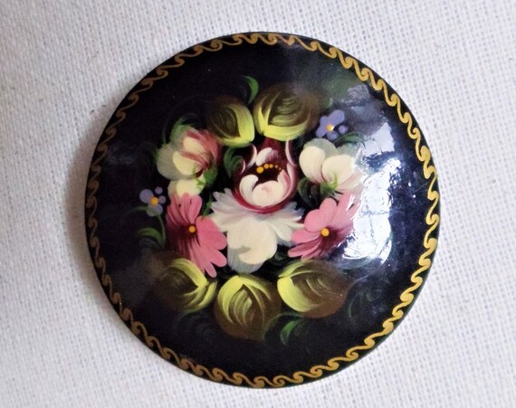 Russian Lacquer Floral Round Brooch, Vintage Colle