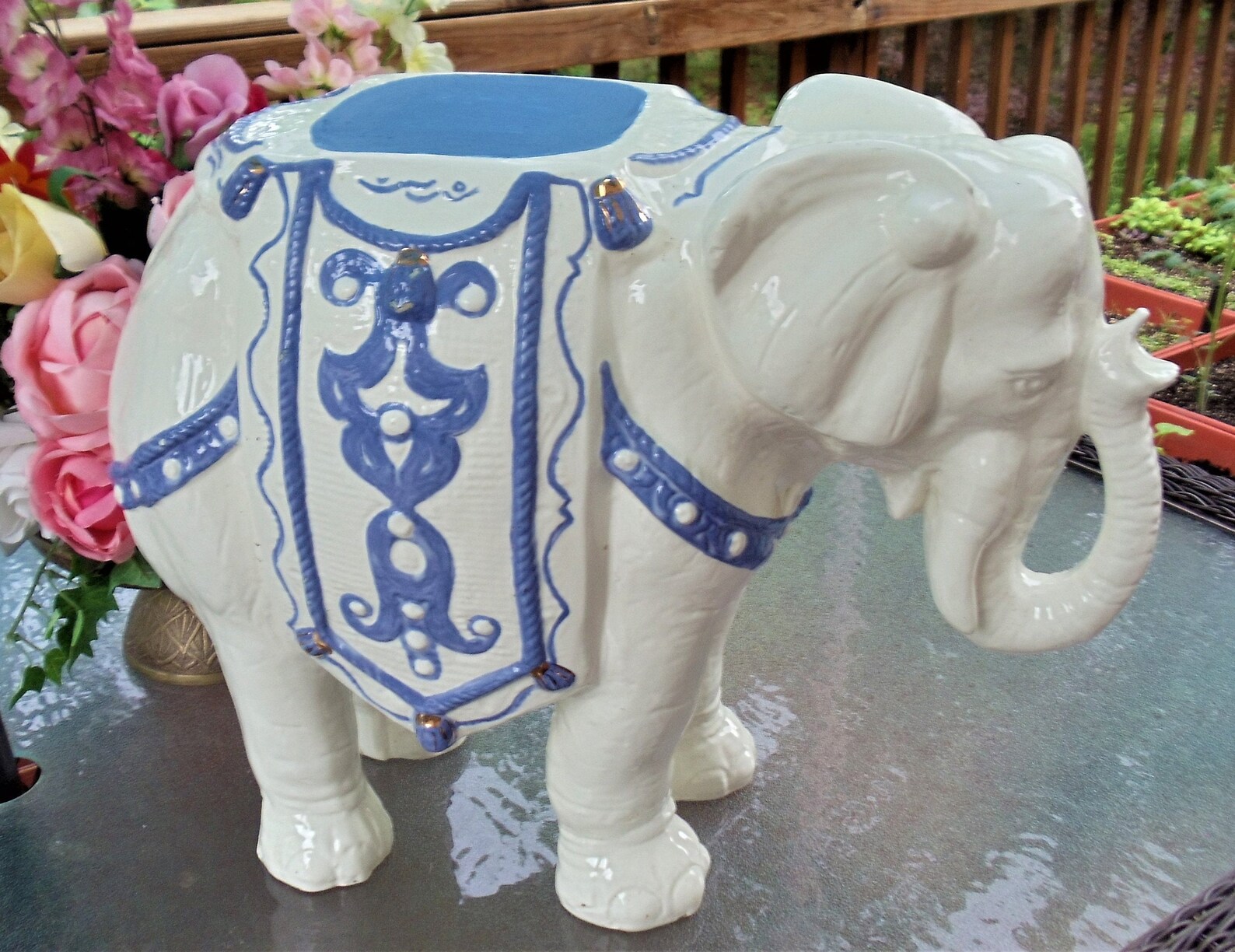 Large Ceramic Elephant Statue Vintage White & Blue Elephant Etsy