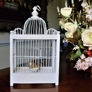 Vintage White Birdcage with Sparrow: Cottage Chic Floral Decor