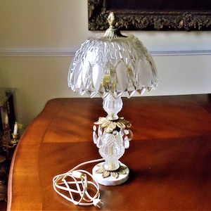 Oberglas Austria Crystal & Brass Table Lamp, Vintage Crystal Glass Etched Shade Crystal Teardrops Bronze Gilt Accents Brass and Marble Lamp