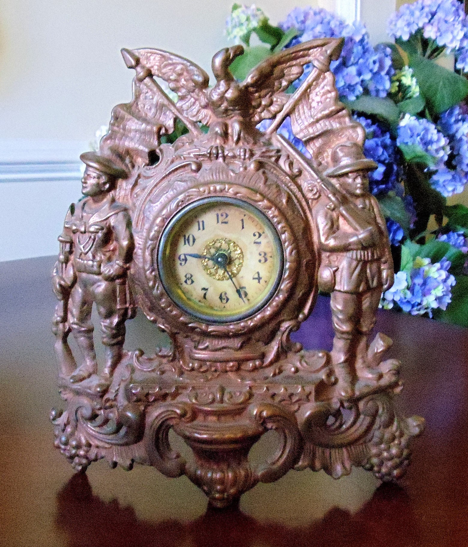 Antique 1904 Copper Mantel Clock Eagle & Two Soldiers Etsy