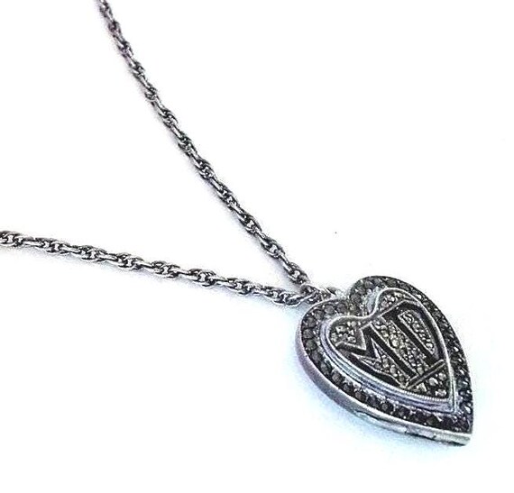 Kimler & Daniels Marcasite 925 Sterling Heart Locket Necklace, Vintage Collectible Art Deco Monogrammed Initials MD Locket Pendant Necklace