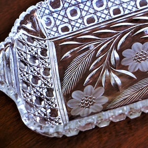 Antique McKee's Cut Crystal Tray, Sawtooth Edge, Floral Etched Glass