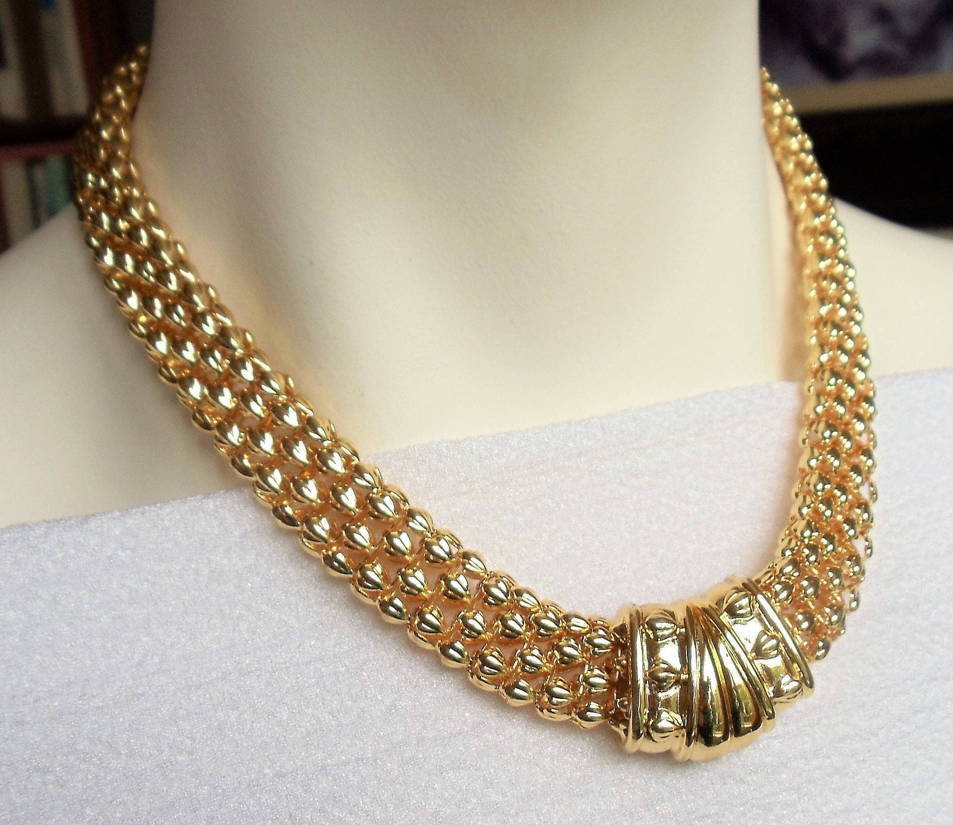 Vintage Gold Tone Wide Choker Necklace 
