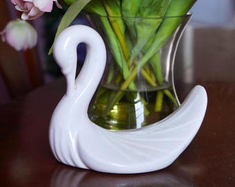 Vintage Glazed Ceramic Swan Figurine, Mid-Century Modern Decor