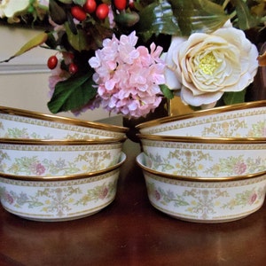 Vintage Lenox Made in USA Floral Bowls, Collectible Castle Garden Pattern 24K Gold Trim Pink Flowers & Leaves Salad Soup Serving Bowls