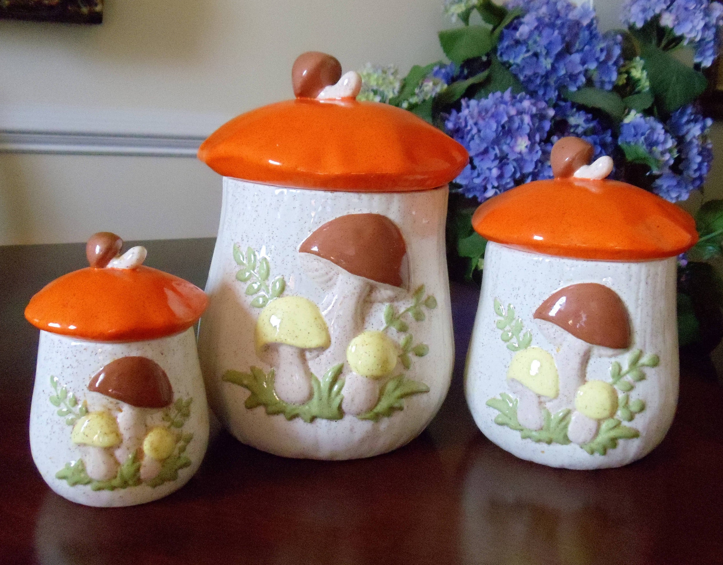 Mushroom Cookie Jar Canister Set of 3 Handpainted Bright & Etsy