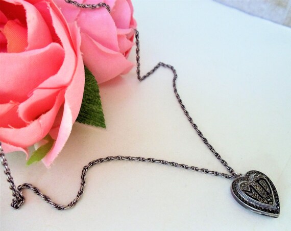 Kimler & Daniels Marcasite 925 Sterling Heart Locket Necklace, Vintage Collectible Art Deco Monogrammed Initials MD Locket Pendant Necklace View 4