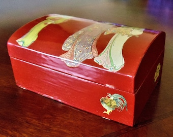 Vintage Japanese Geisha Lacquer Box, Burgundy Red Keepsake, Mid Century