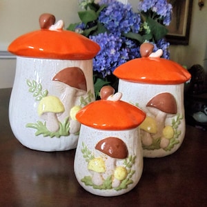 Vintage Mushroom Canister Set of 3: Hand-Painted Ceramic Fall Kitchen Decor
