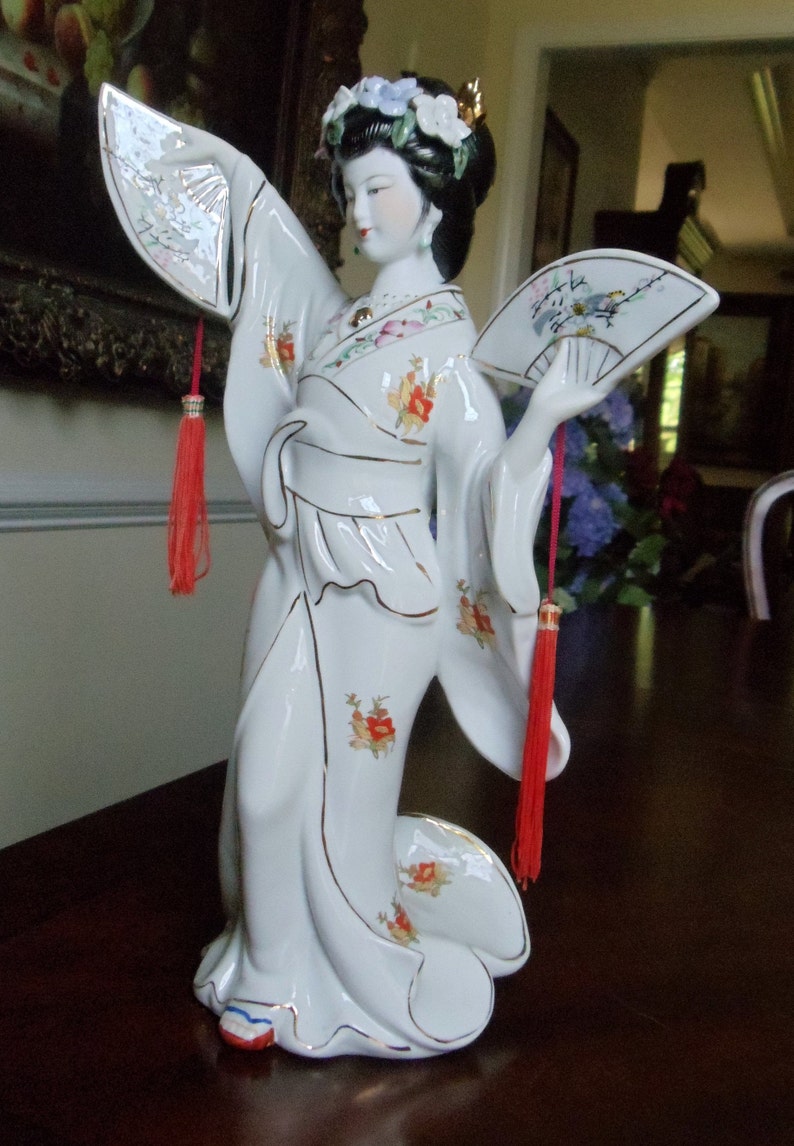 Vintage Geisha Porcelain Oriental Statue Hand Painted Etsy