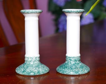Vintage Ceramic Candlestick Set, White and Green Faux Marble Pedestal