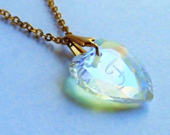 Vintage Crystal Heart Pendant Necklace, Initial F Gold Tone Chain