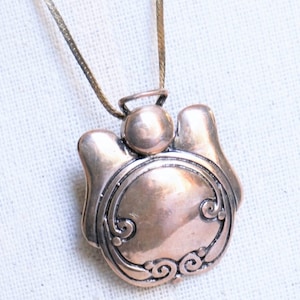 Vintage Sterling Silver Guardian Angel Pendant Brooch: Etched Religious Necklace