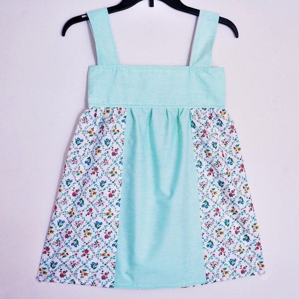 Girl Summer Dress, Handmade Ready to Ship Girl Size 7 (7 Years Old) Multi Color Flowers & Light Green Vintage Fabric Design Cute Fun Dress