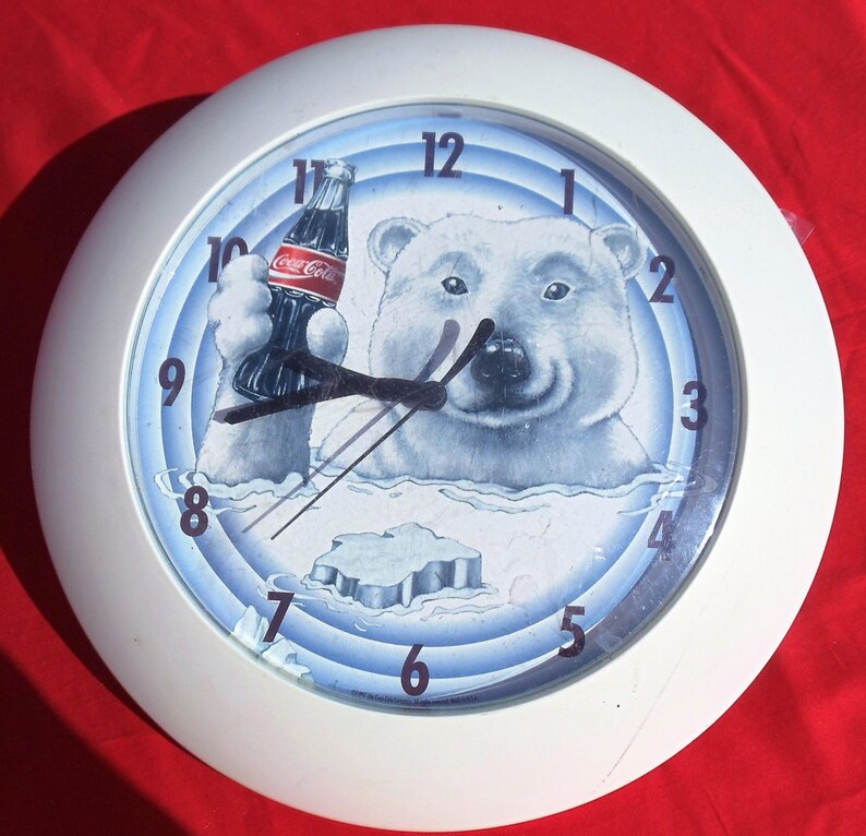 Vintage Coca Cola Wall Clock Arctic Polar Bear W Coke Bottle Round White Plastic Quartz Battery Operated Movement 1980s